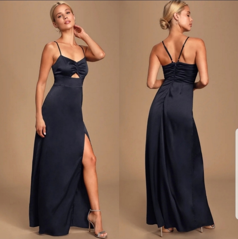 Lulu's-Navy Print Satin luxe dress
